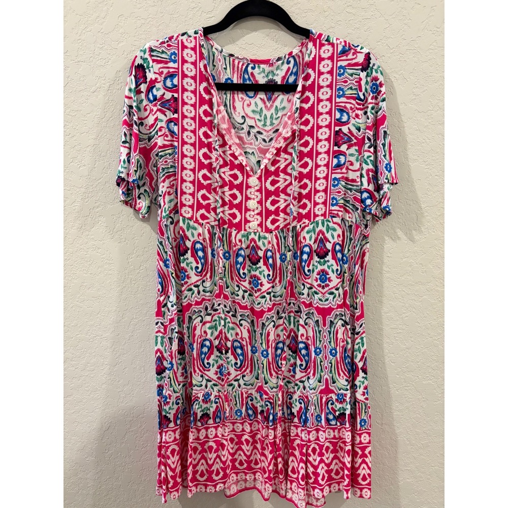 SHEIN Pink Paisley Boho Tiered Babydoll Mini Dress XL Viscose Short Sleeve